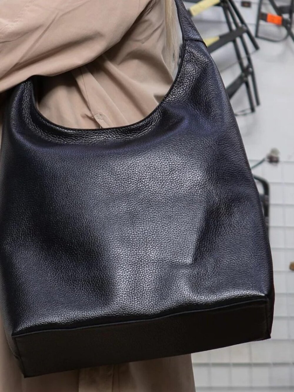 New Black Pebbled Leather Hobo Shoulder Bag Slouchy Large Minimalist Soft Tote